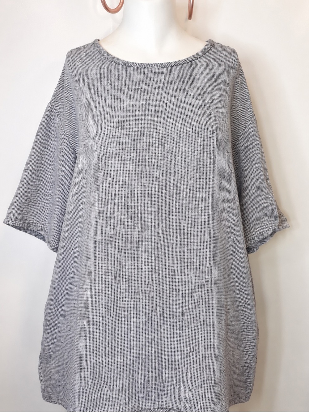 FLAX Jeanne Engelhart Blue Gray Linen Check Tunic Shirt Top M